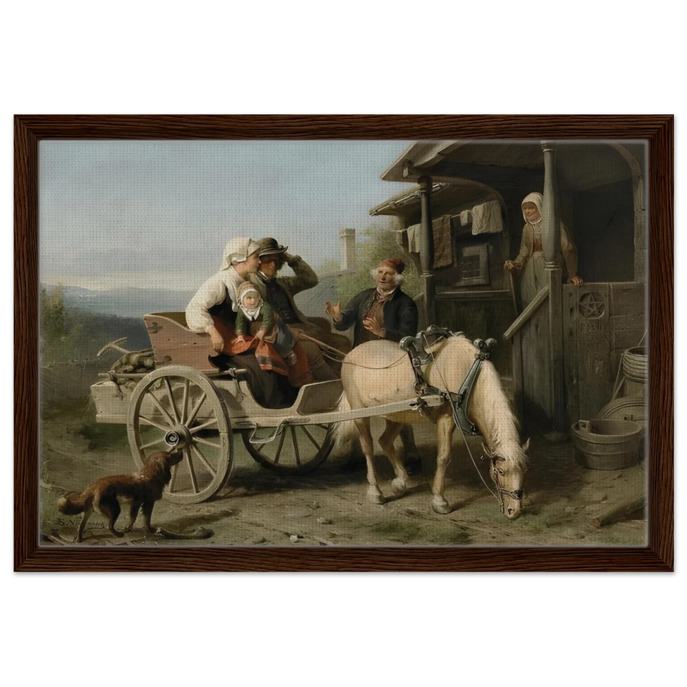 “Första besöket” – A Nordic Tale of Togetherness by Bengt Nordenberg | Wall art Print - Framed Canvas - 40x60 cm / 16x24″ - Dark wood frame