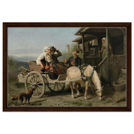 “Första besöket” – A Nordic Tale of Togetherness by Bengt Nordenberg | Wall art Print - Framed Canvas - 40x60 cm / 16x24″ - Dark wood frame