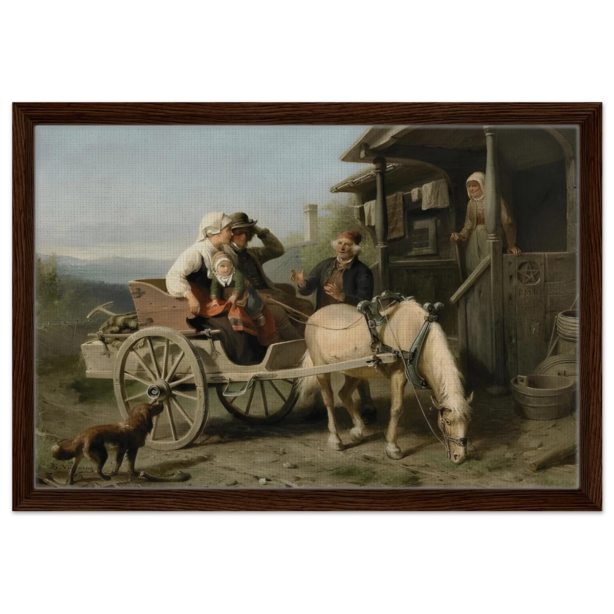 “Första besöket” – A Nordic Tale of Togetherness by Bengt Nordenberg | Wall art Print - Framed Canvas - 40x60 cm / 16x24″ - Dark wood frame