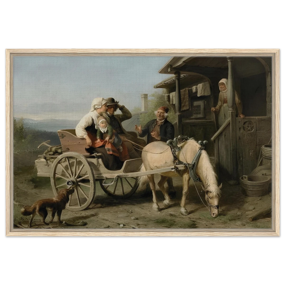 “Första besöket” – A Nordic Tale of Togetherness by Bengt Nordenberg | Wall art Print - Framed Canvas - 60x90 cm / 24x36″ - Wood frame