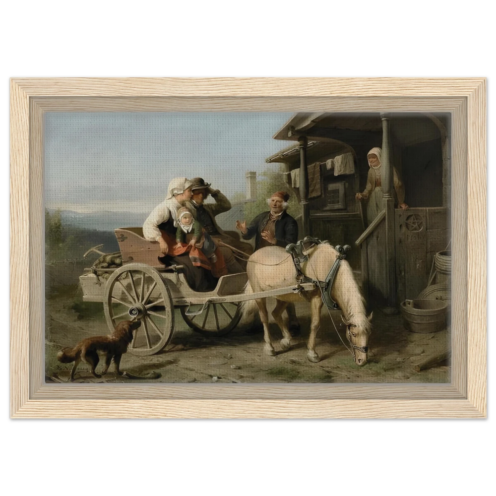 “Första besöket” – A Nordic Tale of Togetherness by Bengt Nordenberg | Wall art Print - Framed Canvas - 20x30 cm / 8x12″ - Wood frame