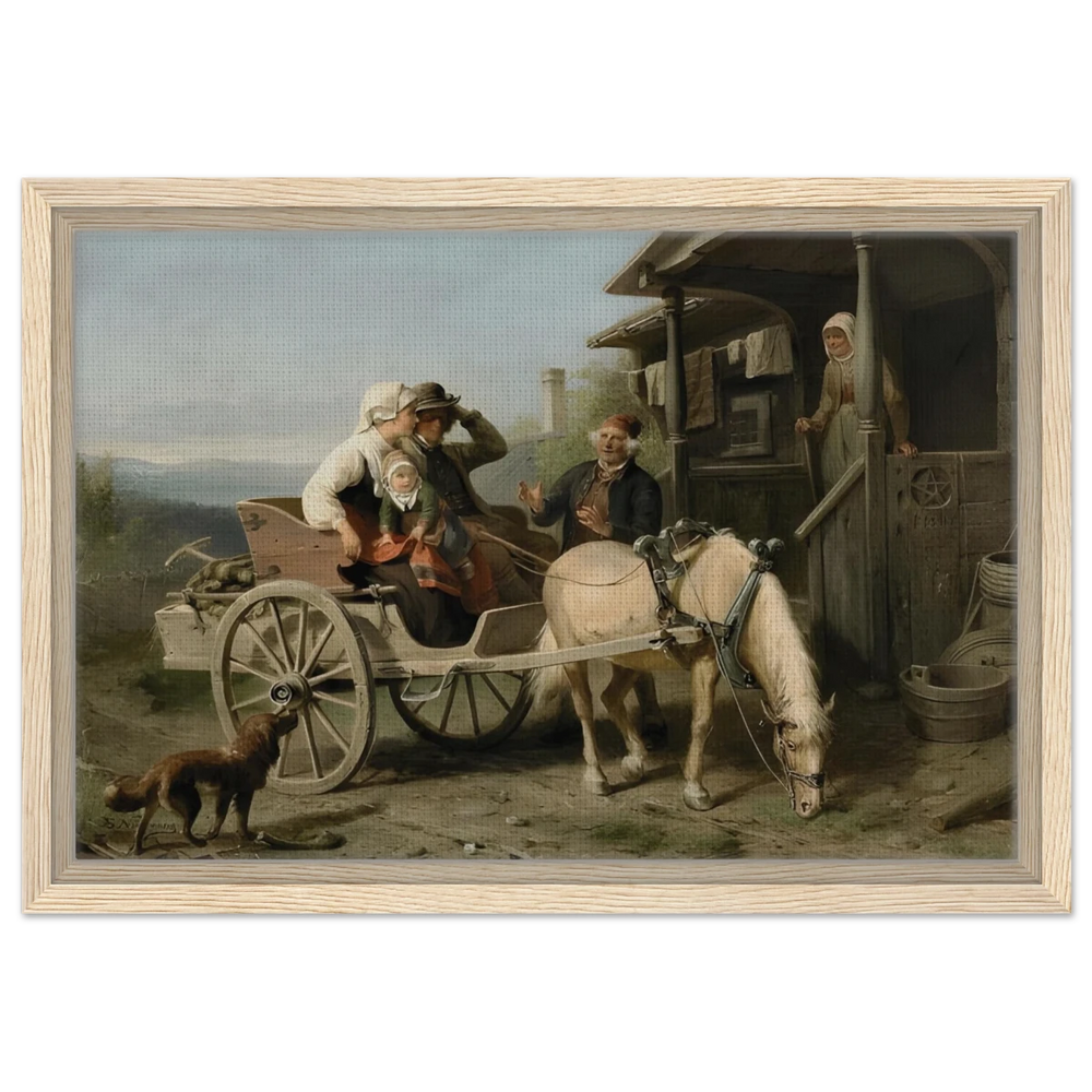 “Första besöket” – A Nordic Tale of Togetherness by Bengt Nordenberg | Wall art Print - Framed Canvas - 30x45 cm / 12x18″ - Wood frame