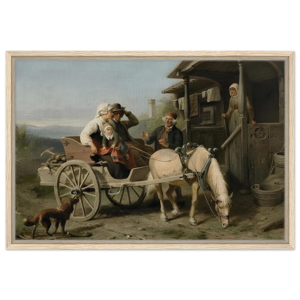 “Första besöket” – A Nordic Tale of Togetherness by Bengt Nordenberg | Wall art Print - Framed Canvas - 50x75 cm / 20x30″ - Wood frame