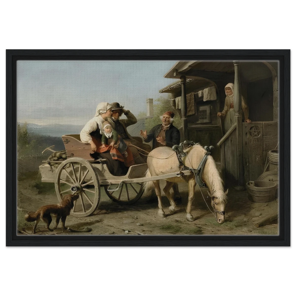 “Första besöket” – A Nordic Tale of Togetherness by Bengt Nordenberg | Wall art Print - Framed Canvas - 40x60 cm / 16x24″ - Black frame