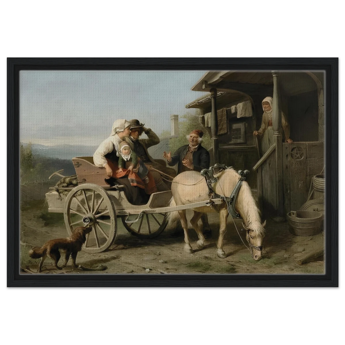 “Första besöket” – A Nordic Tale of Togetherness by Bengt Nordenberg | Wall art Print - Framed Canvas - 40x60 cm / 16x24″ - Black frame