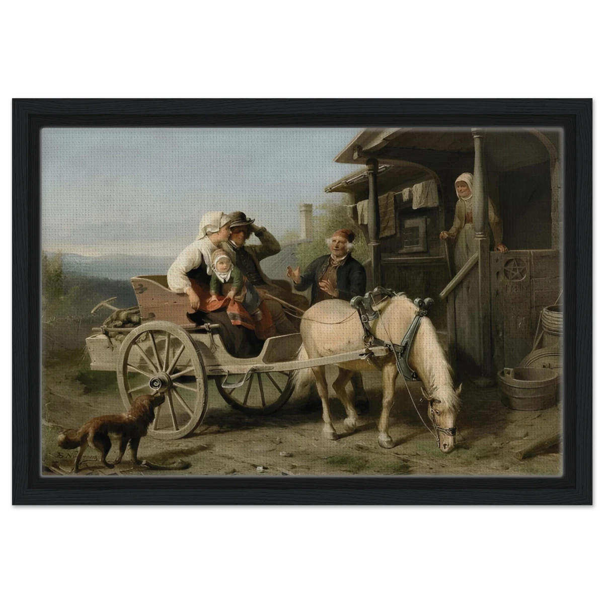 “Första besöket” – A Nordic Tale of Togetherness by Bengt Nordenberg | Wall art Print - Framed Canvas - 30x45 cm / 12x18″ - Black frame