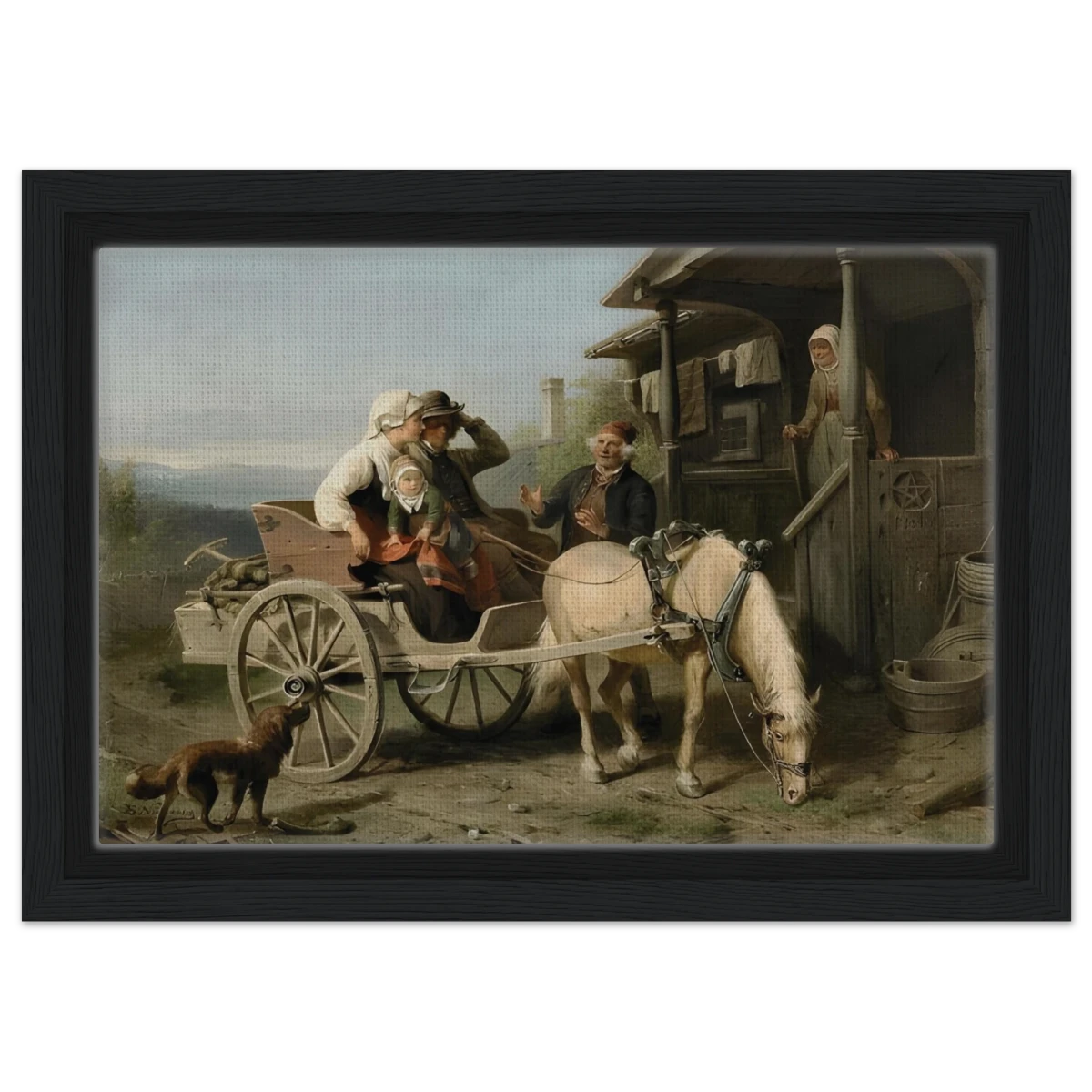 “Första besöket” – A Nordic Tale of Togetherness by Bengt Nordenberg | Wall art Print - Framed Canvas - 20x30 cm / 8x12″ - Black frame