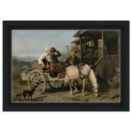 “Första besöket” – A Nordic Tale of Togetherness by Bengt Nordenberg | Wall art Print - Framed Canvas - 20x30 cm / 8x12″ - Black frame