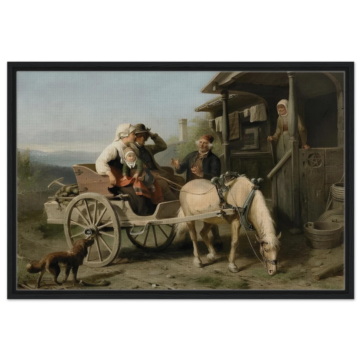 “Första besöket” – A Nordic Tale of Togetherness by Bengt Nordenberg | Wall art Print - Framed Canvas - 60x90 cm / 24x36″ - Black frame