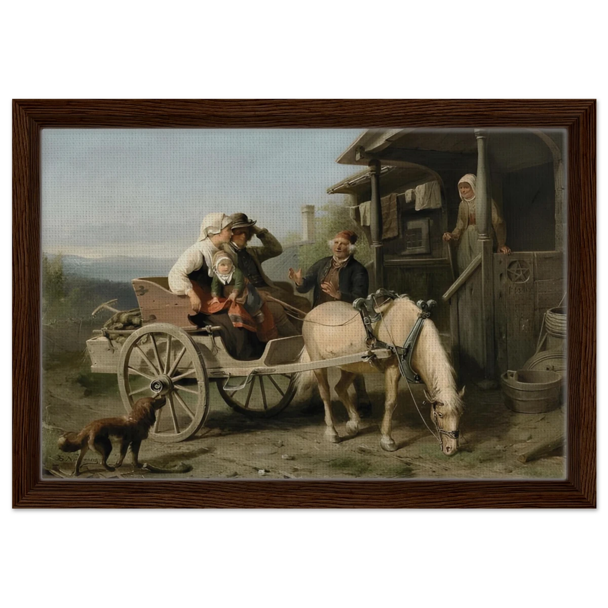 “Första besöket” – A Nordic Tale of Togetherness by Bengt Nordenberg | Wall art Print - Framed Canvas - 30x45 cm / 12x18″ - Dark wood frame