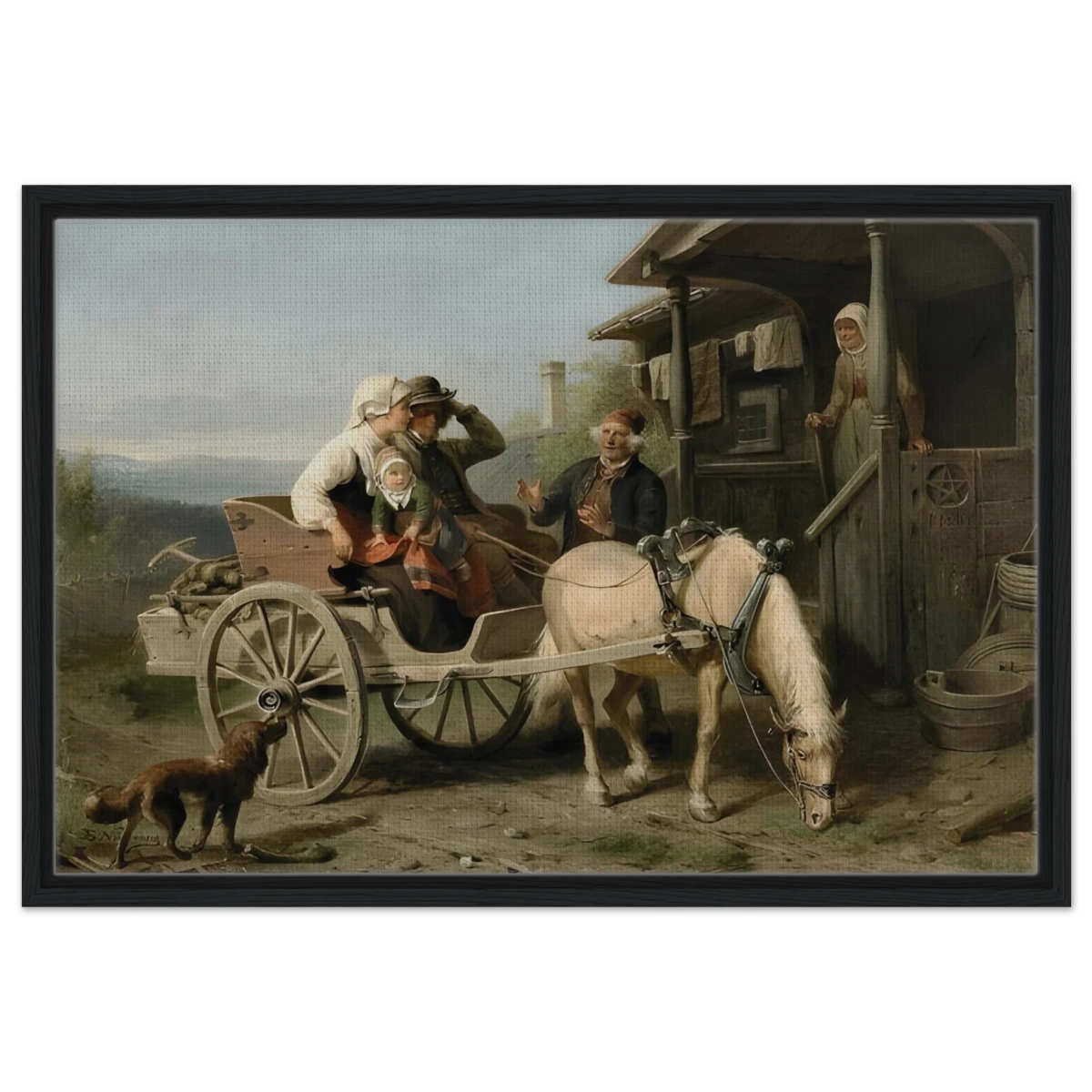 “Första besöket” – A Nordic Tale of Togetherness by Bengt Nordenberg | Wall art Print - Framed Canvas - 50x75 cm / 20x30″ - Black frame