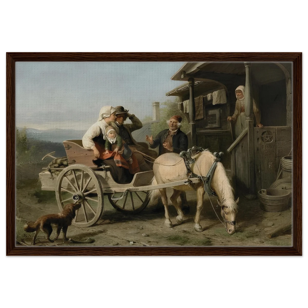“Första besöket” – A Nordic Tale of Togetherness by Bengt Nordenberg | Wall art Print - Framed Canvas - 50x75 cm / 20x30″ - Dark wood frame