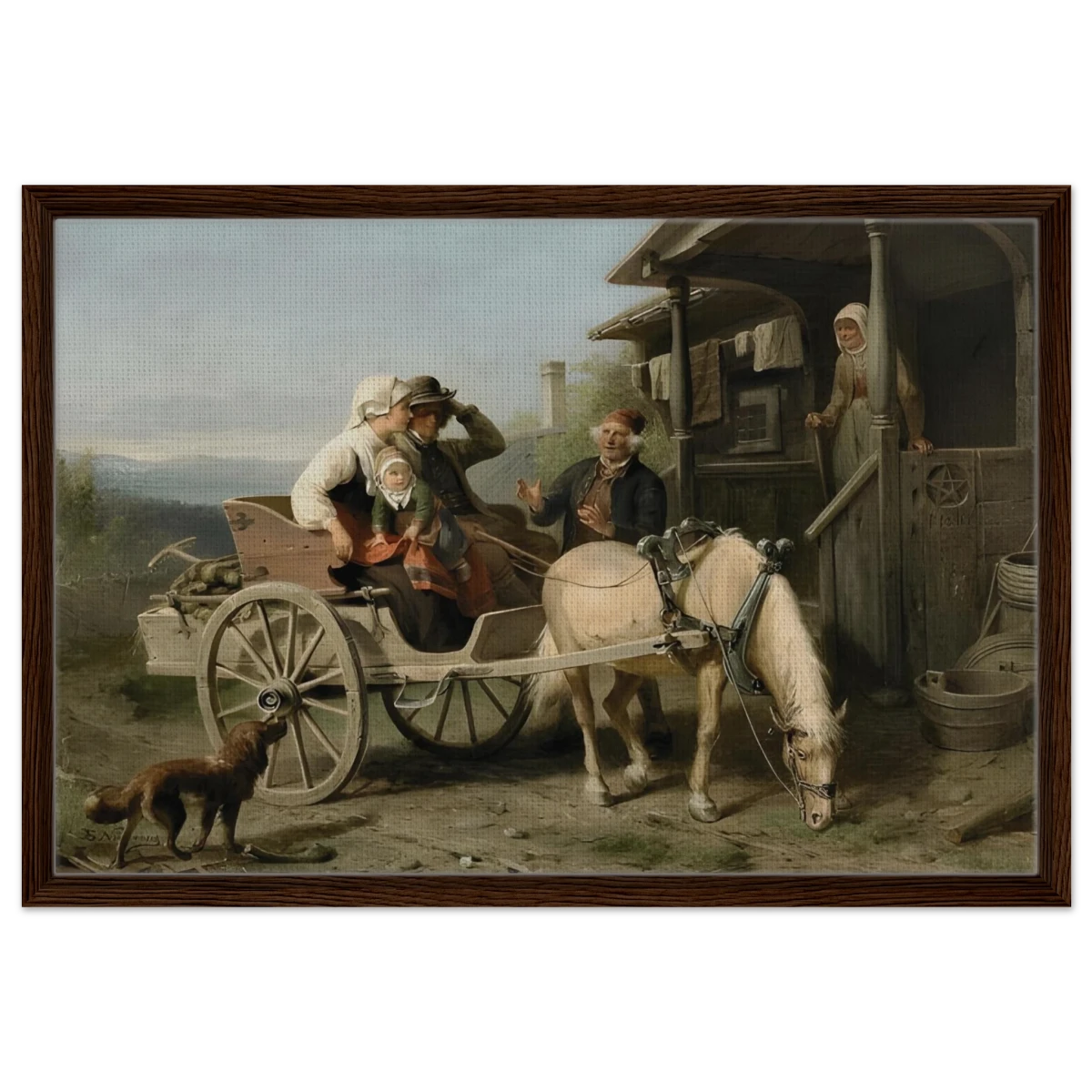 “Första besöket” – A Nordic Tale of Togetherness by Bengt Nordenberg | Wall art Print - Framed Canvas - 50x75 cm / 20x30″ - Dark wood frame