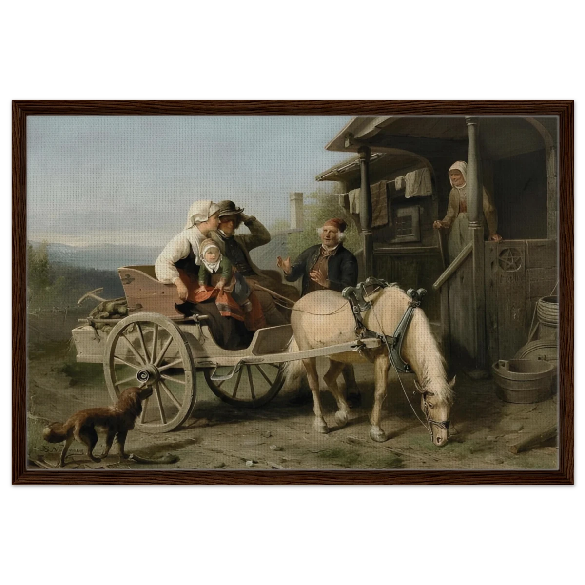 “Första besöket” – A Nordic Tale of Togetherness by Bengt Nordenberg | Wall art Print - Framed Canvas - 60x90 cm / 24x36″ - Dark wood frame