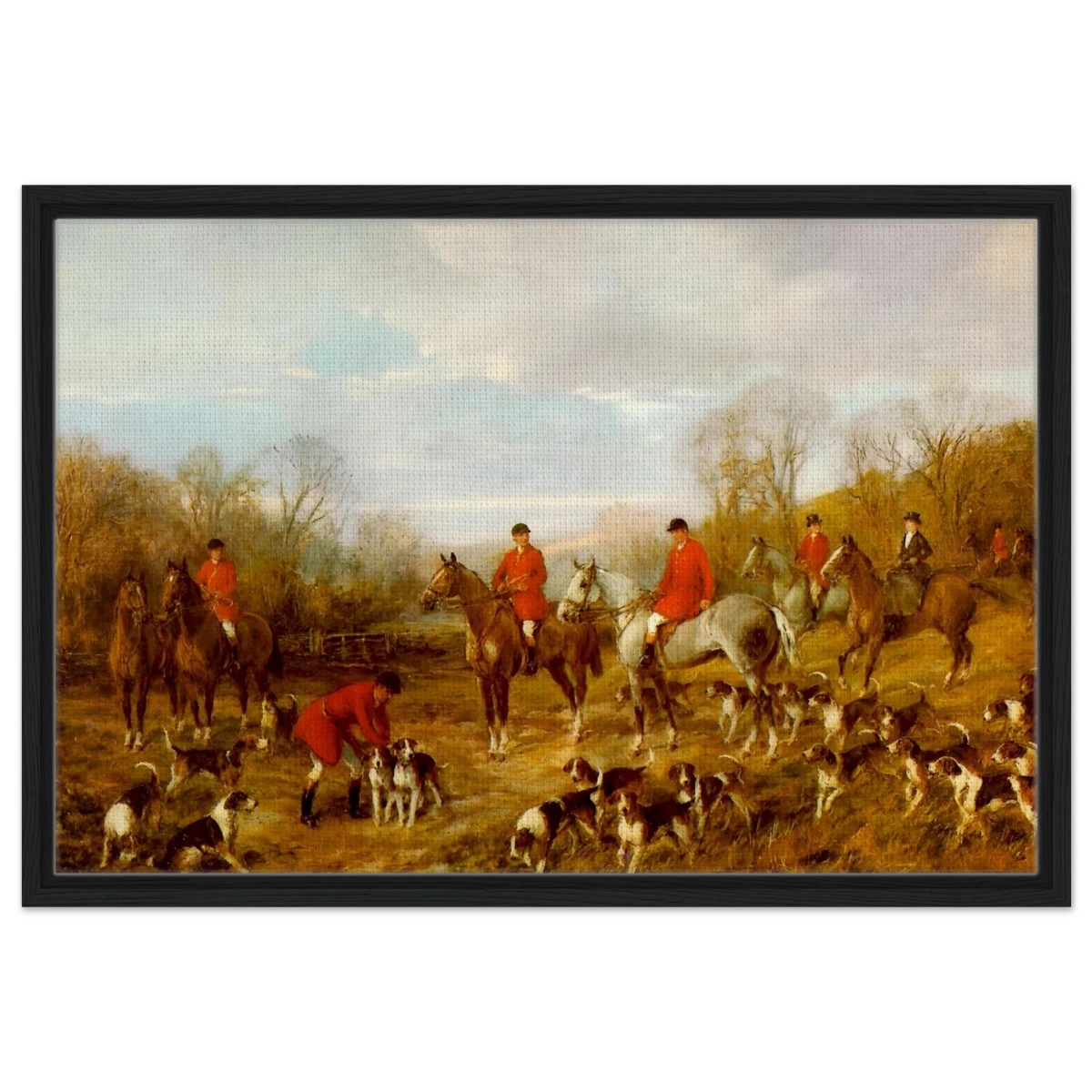 Fox Hunting Scene – Henry Alken Wall Art Print - Framed Canvas - 50x75 cm / 20x30″ - Black frame