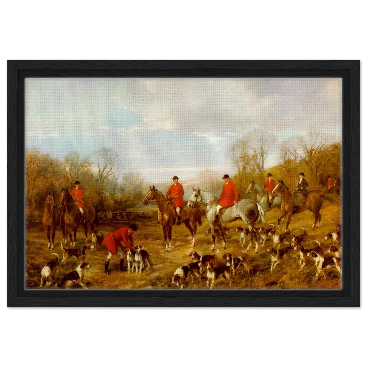 Fox Hunting Scene – Henry Alken Wall Art Print - Framed Canvas - 30x45 cm / 12x18″ - Black frame