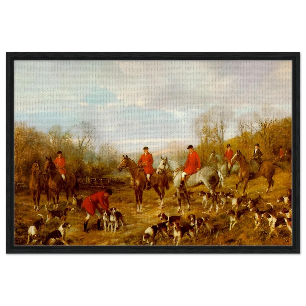 Fox Hunting Scene – Henry Alken Wall Art Print - Framed Canvas - 60x90 cm / 24x36″ - Black frame