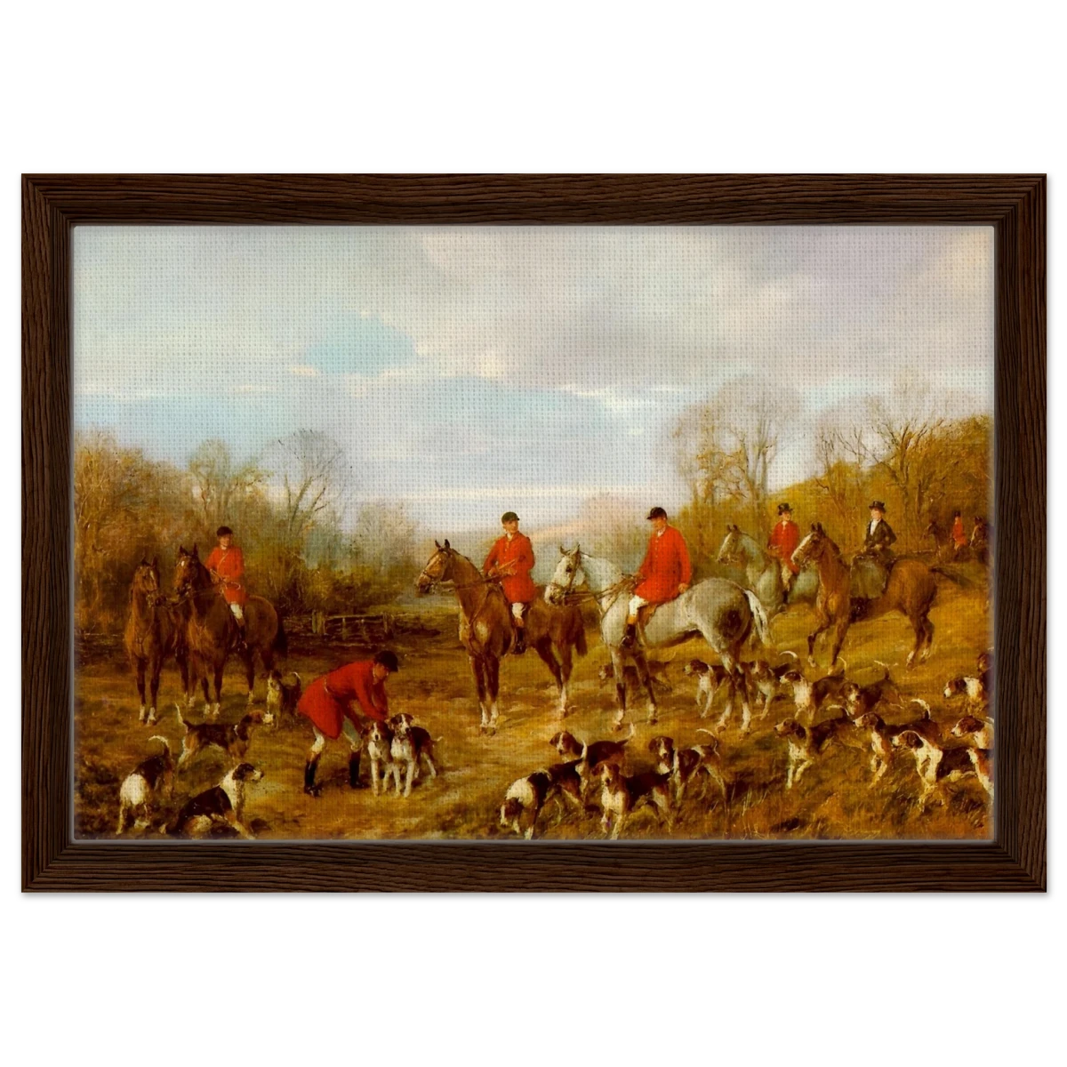Fox Hunting Scene – Henry Alken Wall Art Print - Framed Canvas - 30x45 cm / 12x18″ - Dark wood frame