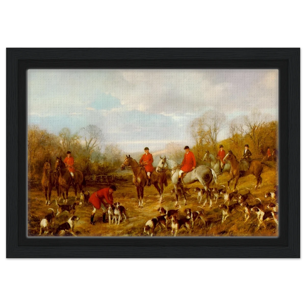 Fox Hunting Scene – Henry Alken Wall Art Print - Framed Canvas - 20x30 cm / 8x12″ - Black frame