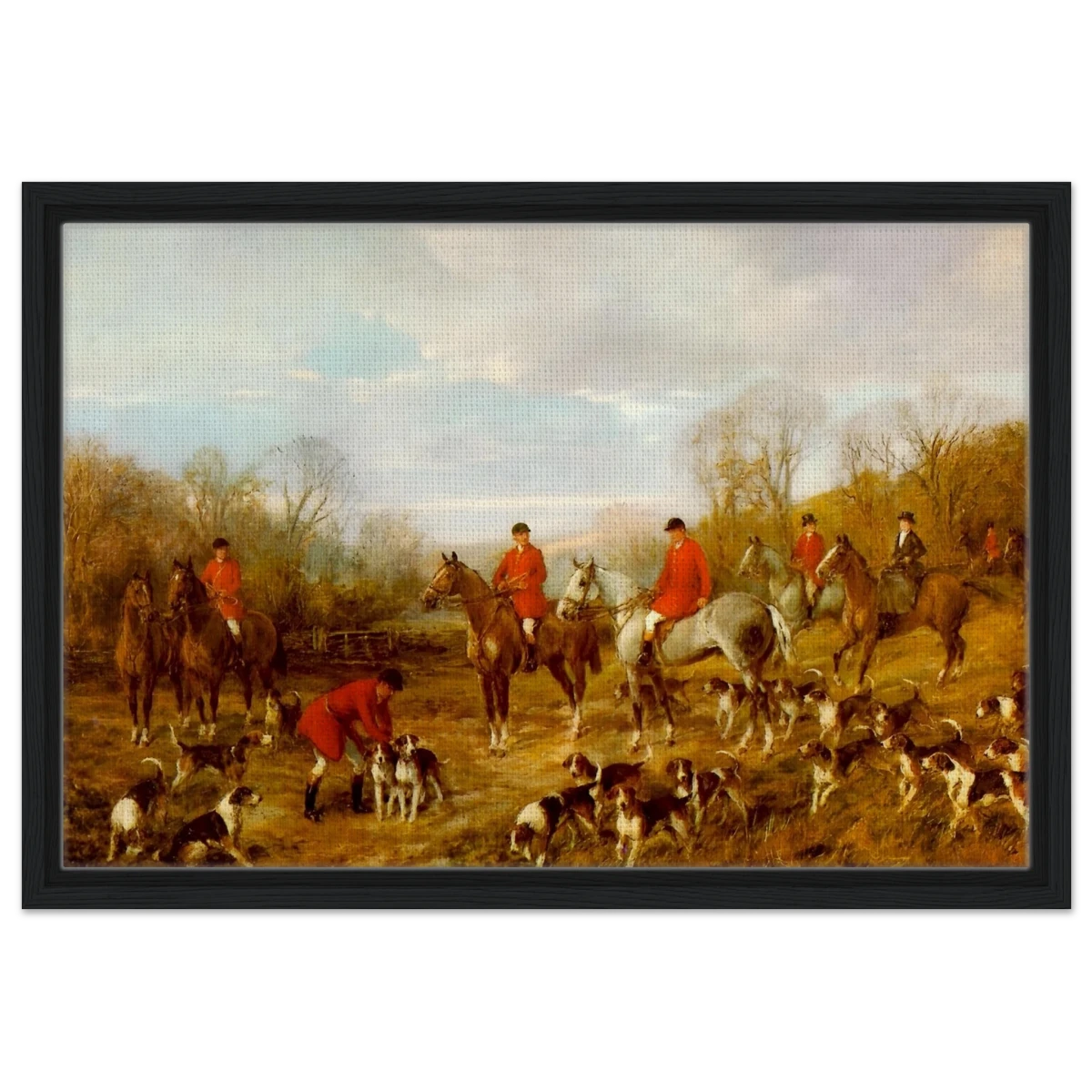 Fox Hunting Scene – Henry Alken Wall Art Print - Framed Canvas - 40x60 cm / 16x24″ - Black frame