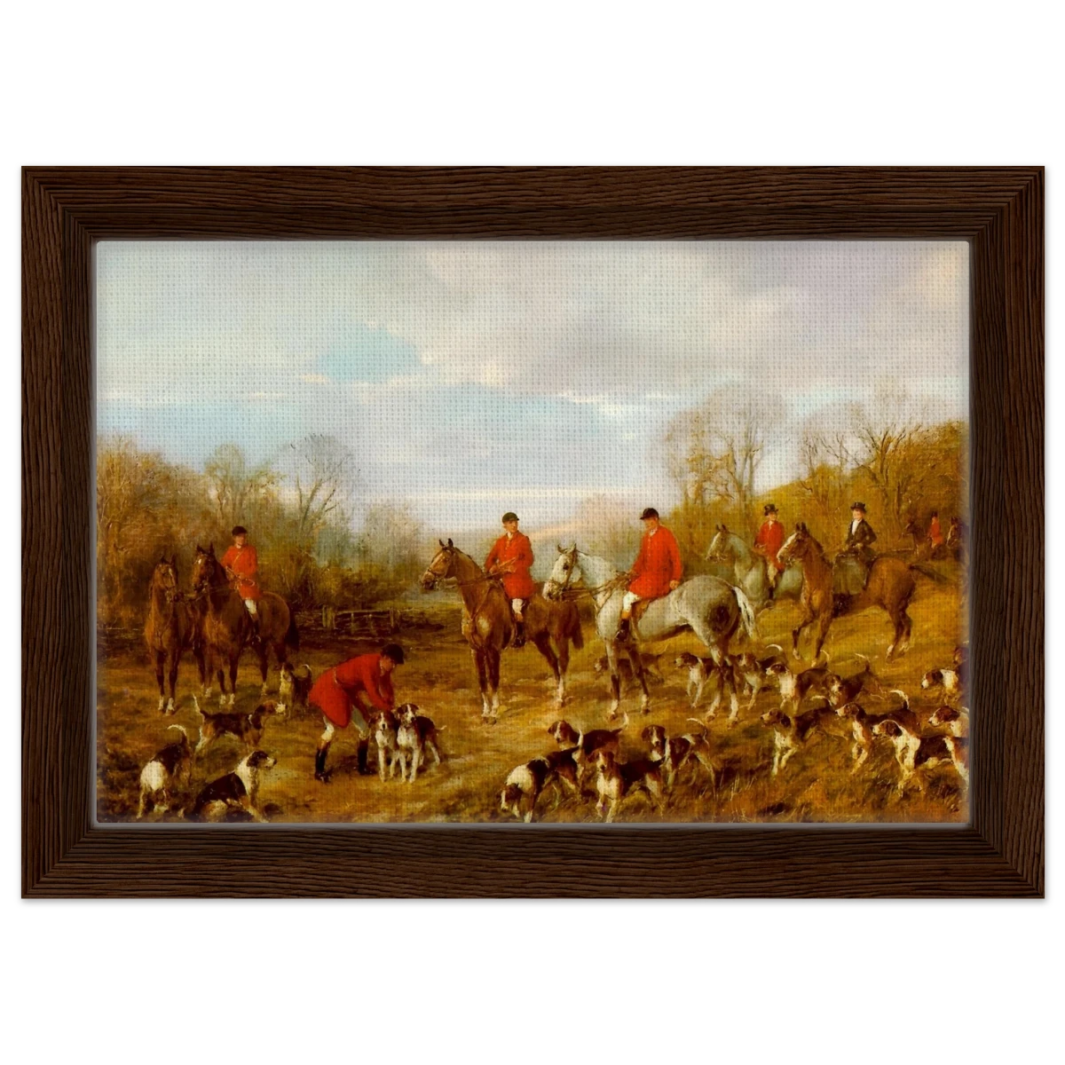 Fox Hunting Scene – Henry Alken Wall Art Print - Framed Canvas - 20x30 cm / 8x12″ - Dark wood frame