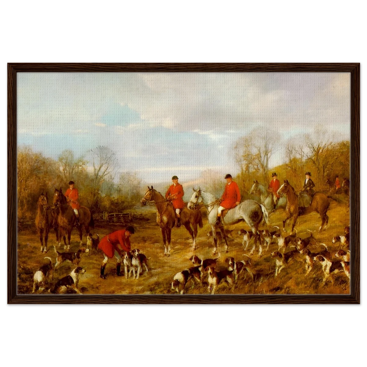 Fox Hunting Scene – Henry Alken Wall Art Print - Framed Canvas - 60x90 cm / 24x36″ - Dark wood frame