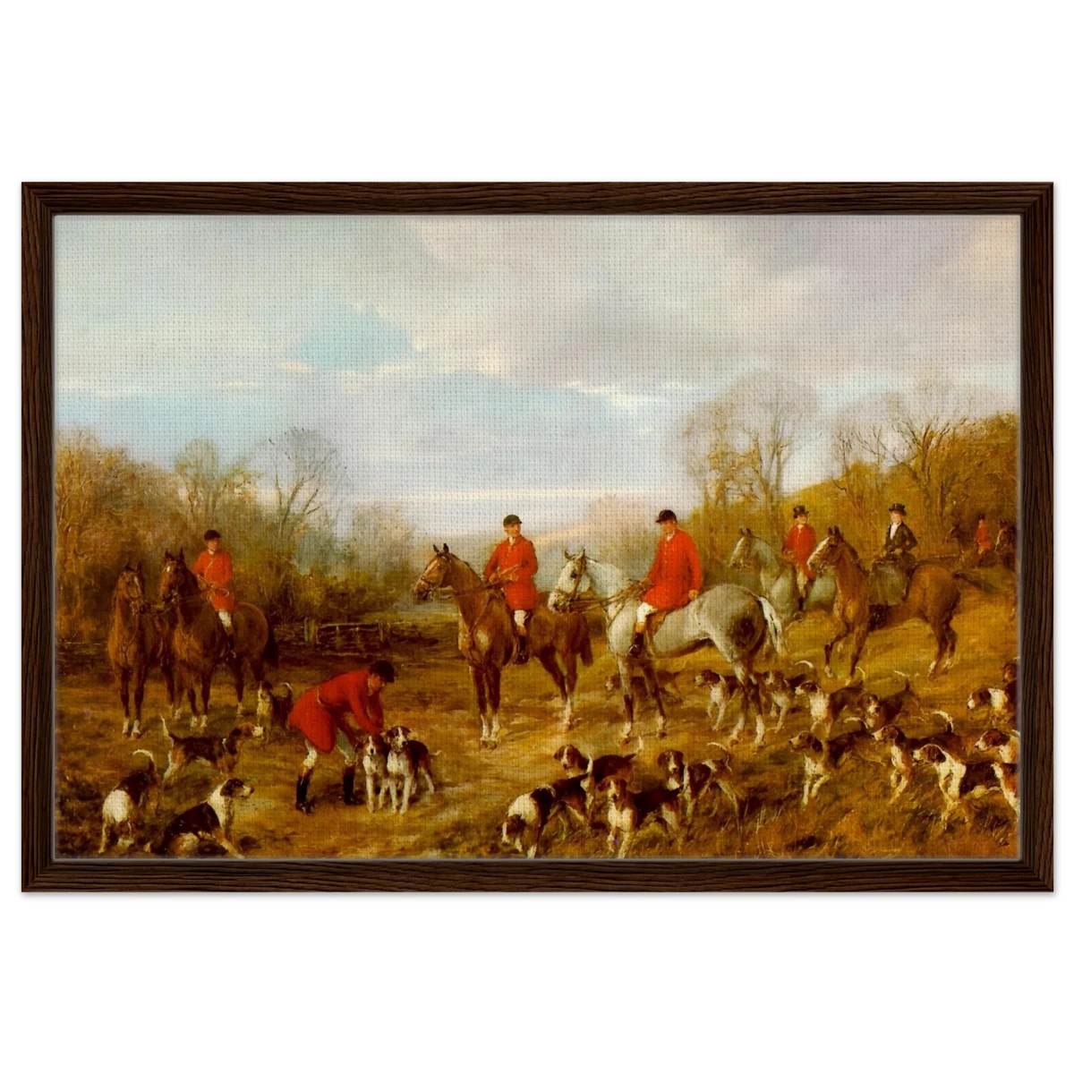 Fox Hunting Scene – Henry Alken Wall Art Print - Framed Canvas - 50x75 cm / 20x30″ - Dark wood frame