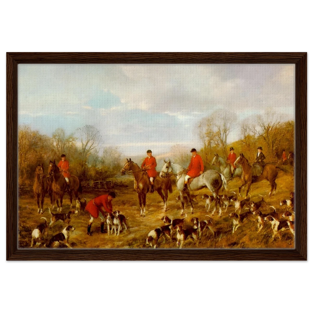 Fox Hunting Scene – Henry Alken Wall Art Print - Framed Canvas - 40x60 cm / 16x24″ - Dark wood frame