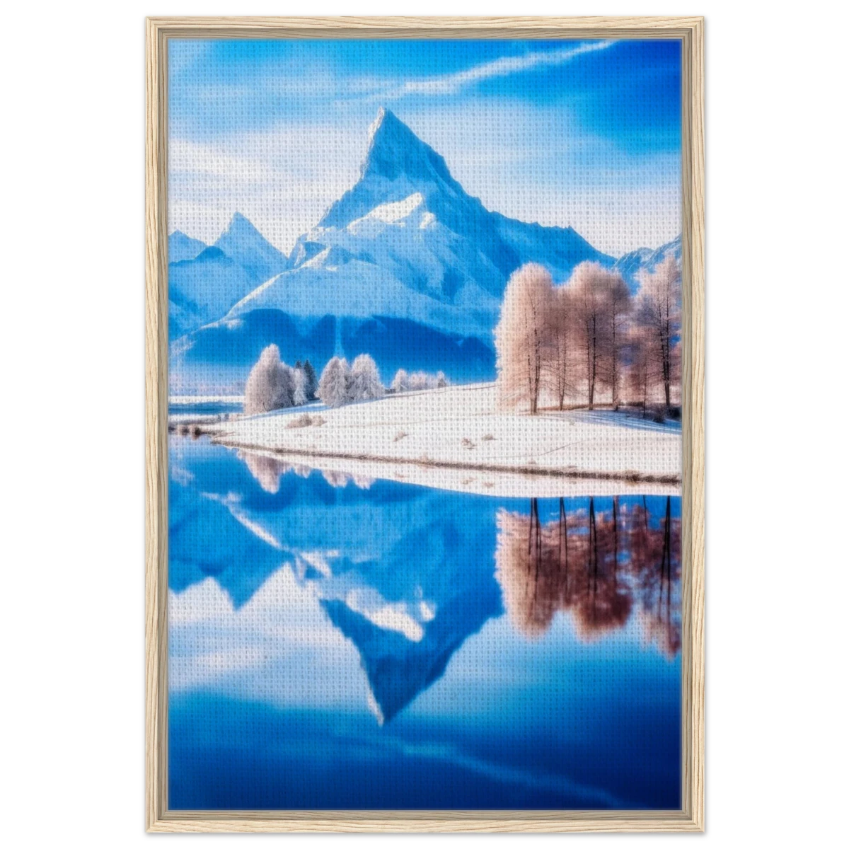 Frozen Reflections of Majesty – Snowy Mountain Landscape | Wall Art Print - Framed Canvas - 60x90 cm / 24x36″ - Wood frame