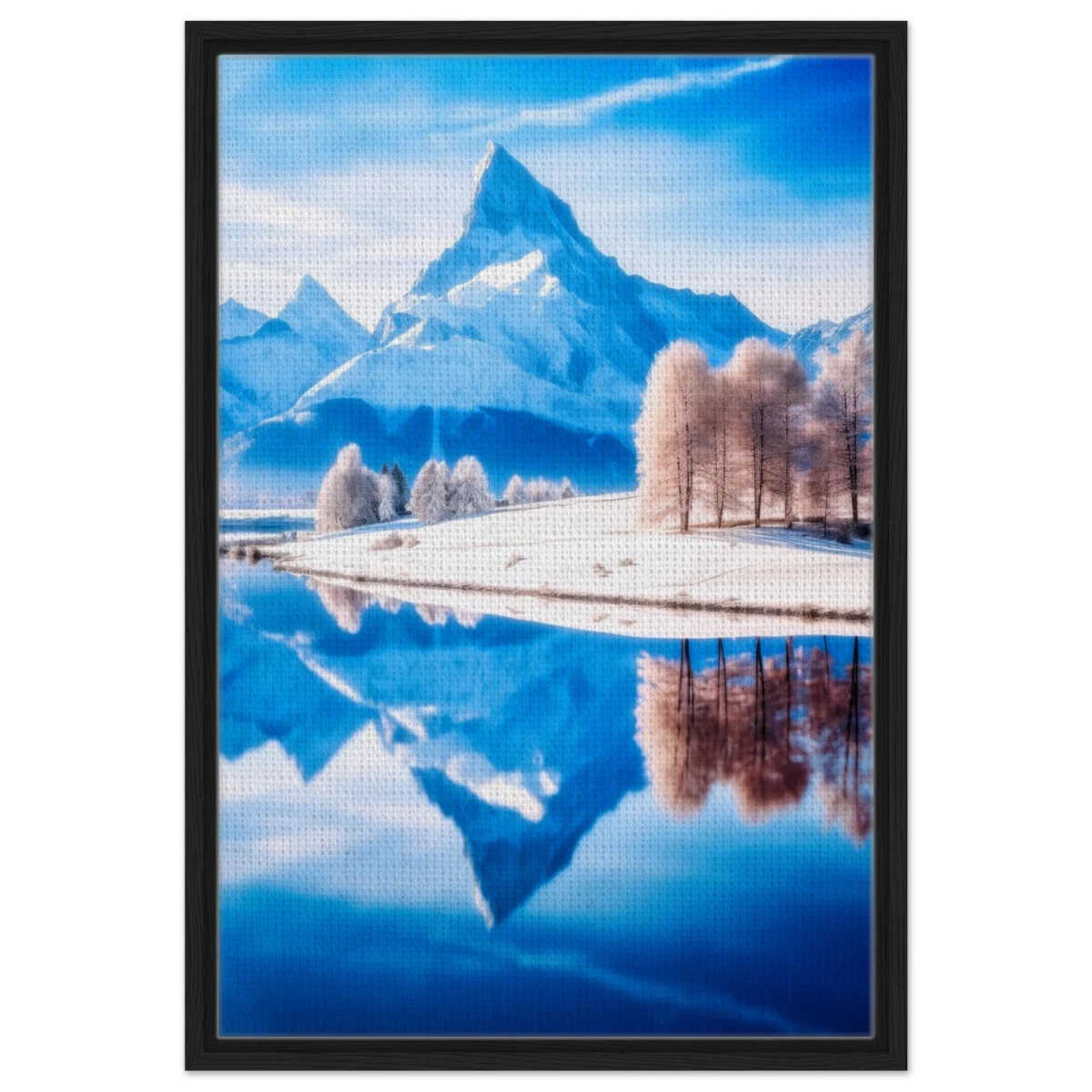 Frozen Reflections of Majesty – Snowy Mountain Landscape | Wall Art Print - Framed Canvas - 50x75 cm / 20x30″ - Black frame