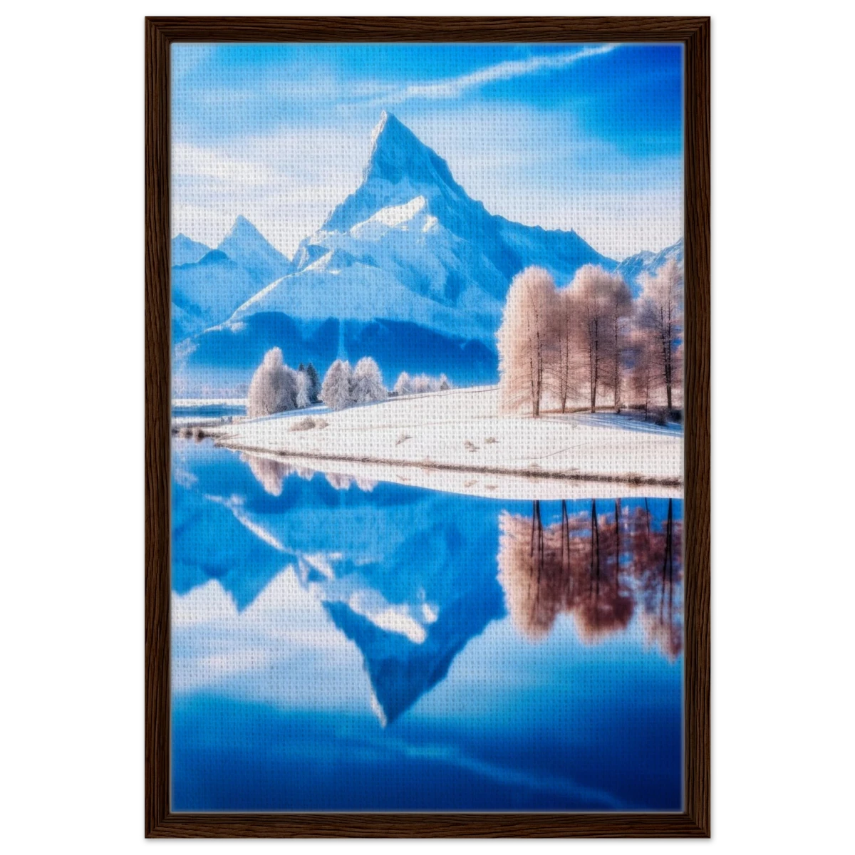 Frozen Reflections of Majesty – Snowy Mountain Landscape | Wall Art Print - Framed Canvas - 50x75 cm / 20x30″ - Dark wood frame