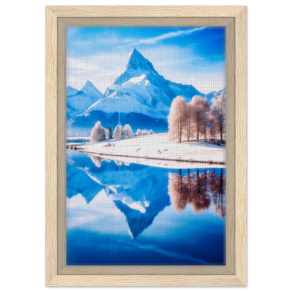 Frozen Reflections of Majesty – Snowy Mountain Landscape | Wall Art Print - Framed Canvas - 20x30 cm / 8x12″ - Wood frame