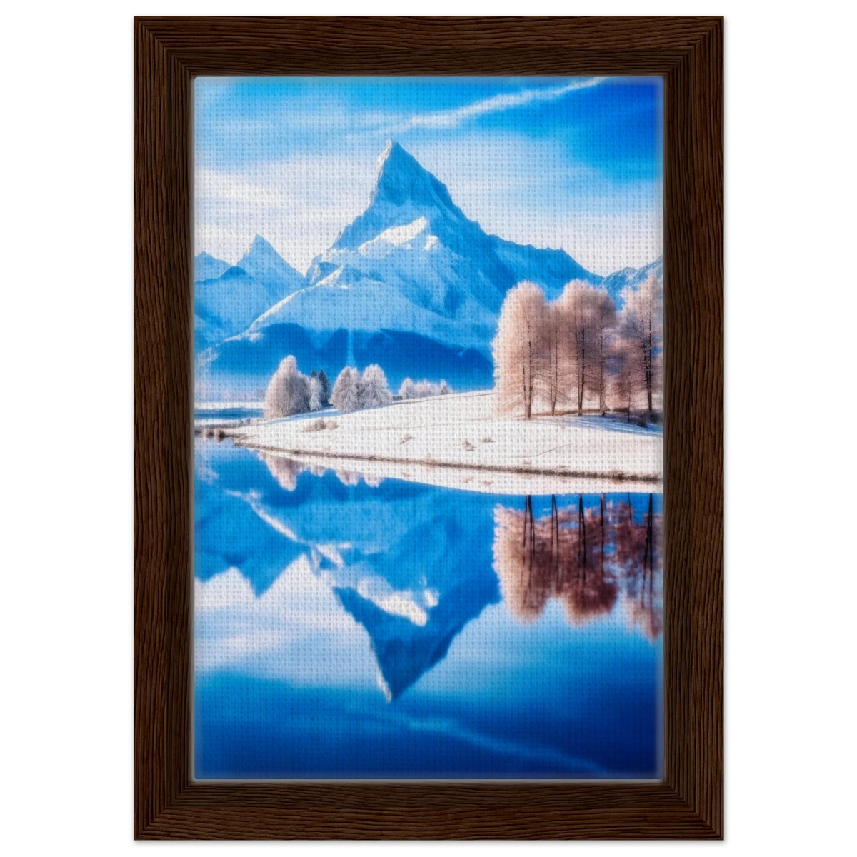 Frozen Reflections of Majesty – Snowy Mountain Landscape | Wall Art Print - Framed Canvas - 20x30 cm / 8x12″ - Dark wood frame