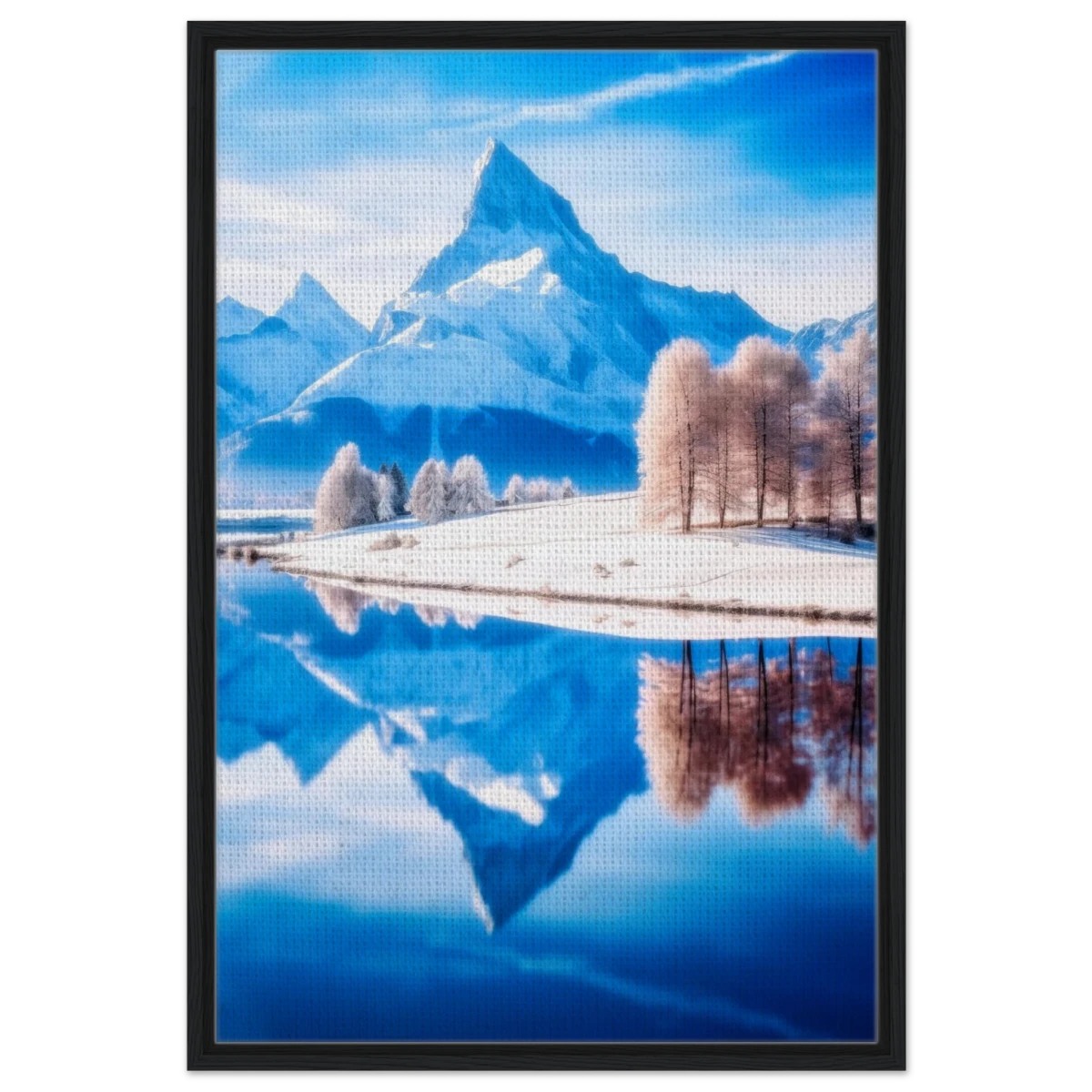 Frozen Reflections of Majesty – Snowy Mountain Landscape | Wall Art Print - Framed Canvas - 60x90 cm / 24x36″ - Black frame