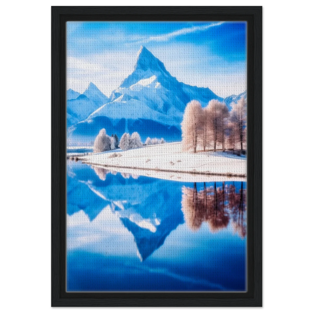 Frozen Reflections of Majesty – Snowy Mountain Landscape | Wall Art Print - Framed Canvas - 30x45 cm / 12x18″ - Black frame