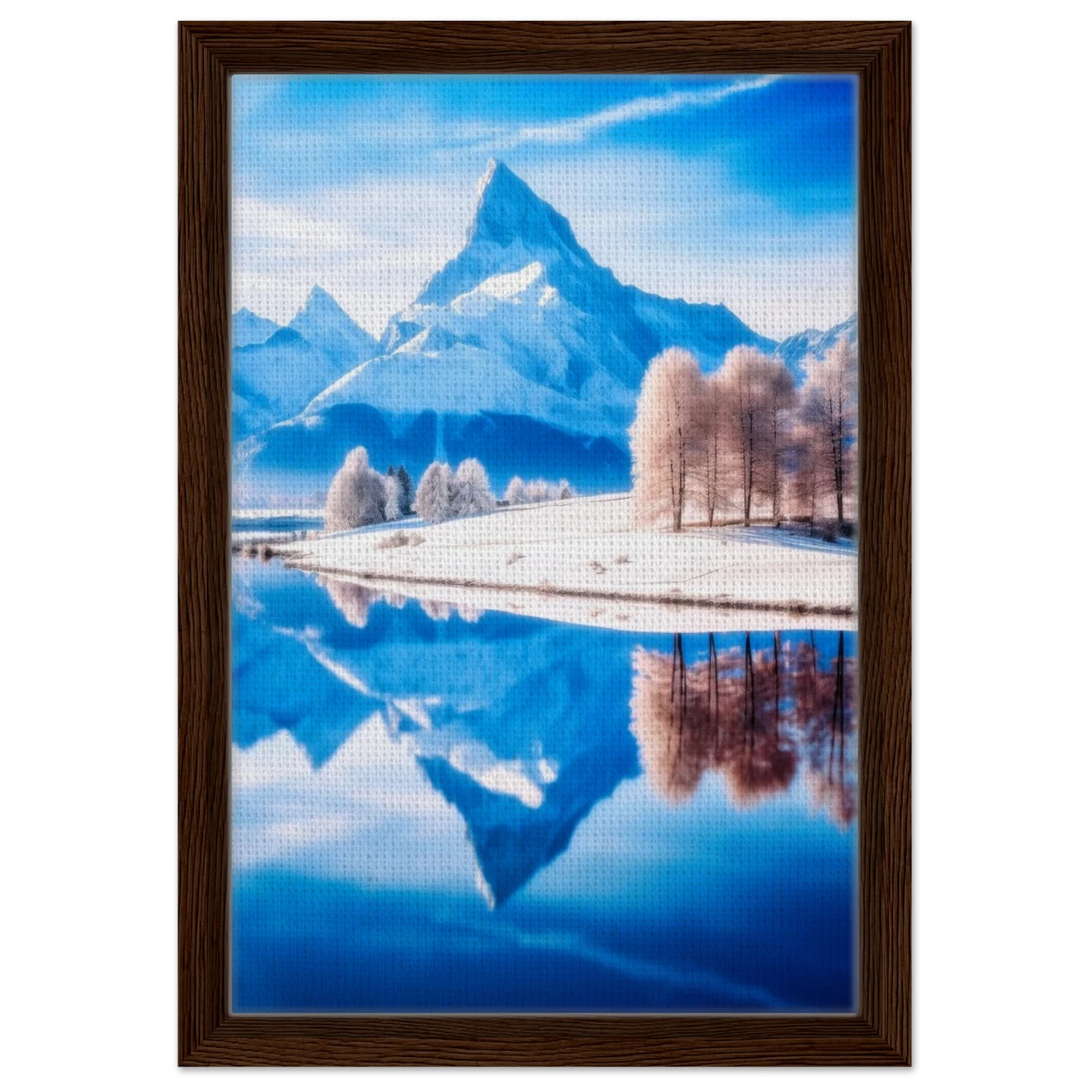 Frozen Reflections of Majesty – Snowy Mountain Landscape | Wall Art Print - Framed Canvas - 30x45 cm / 12x18″ - Dark wood frame