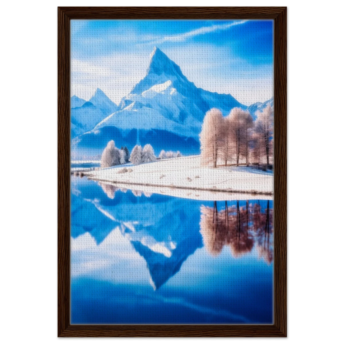 Frozen Reflections of Majesty – Snowy Mountain Landscape | Wall Art Print - Framed Canvas - 40x60 cm / 16x24″ - Dark wood frame