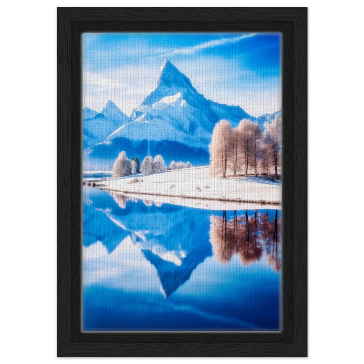 Frozen Reflections of Majesty – Snowy Mountain Landscape | Wall Art Print - Framed Canvas - 20x30 cm / 8x12″ - Black frame