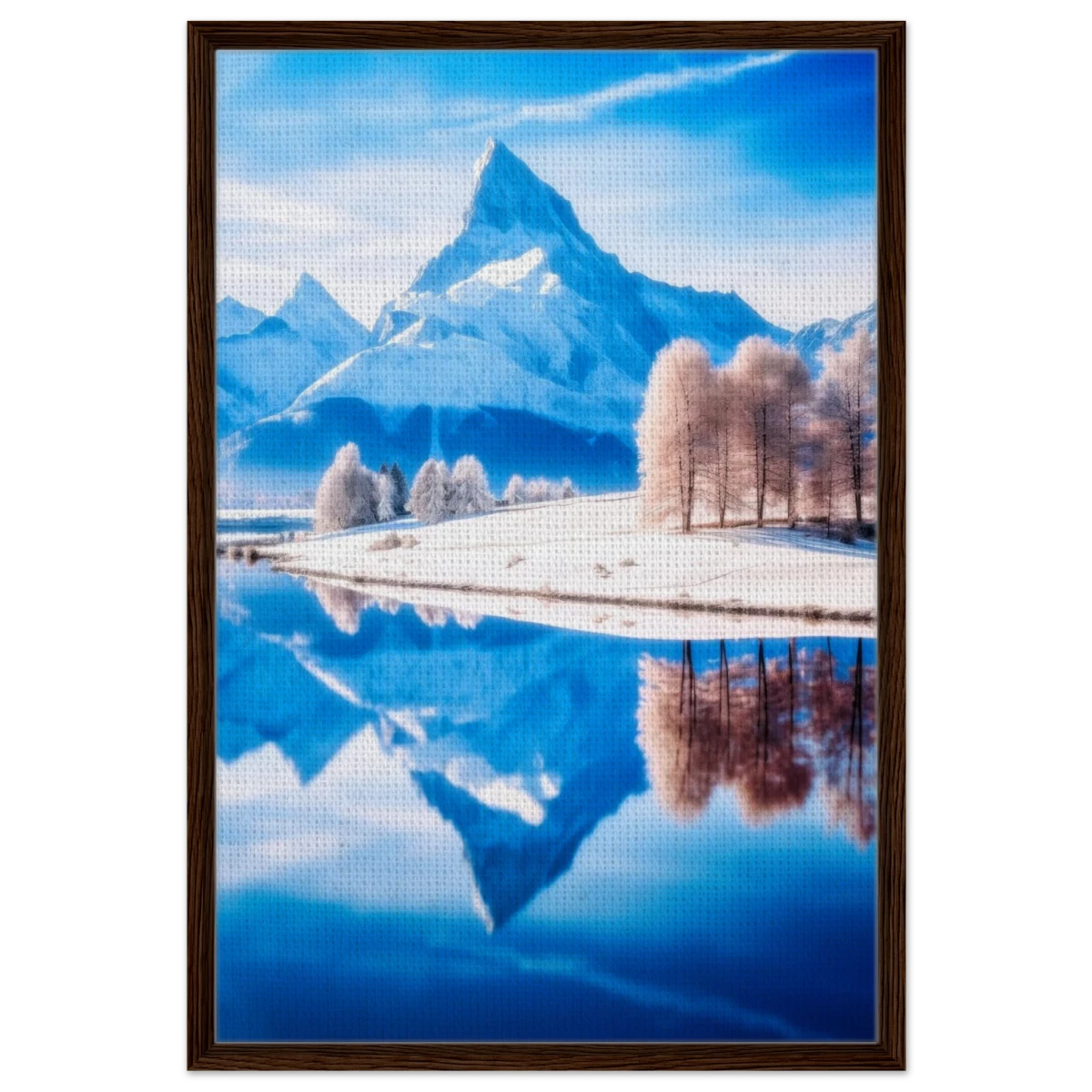 Frozen Reflections of Majesty – Snowy Mountain Landscape | Wall Art Print - Framed Canvas - 60x90 cm / 24x36″ - Dark wood frame
