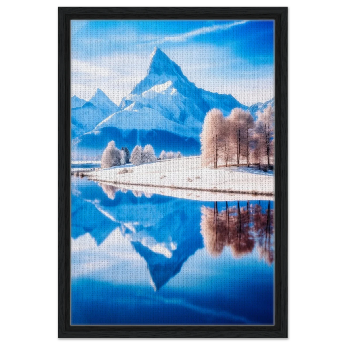 Frozen Reflections of Majesty – Snowy Mountain Landscape | Wall Art Print - Framed Canvas - 40x60 cm / 16x24″ - Black frame