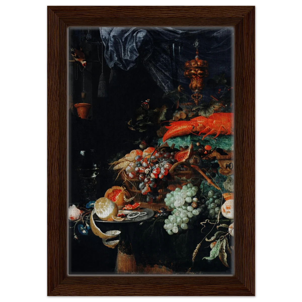 Fruits and Lobster by Abraham Mignon | Wall art Print - Framed Canvas - 20x30 cm / 8x12″ - Dark wood frame