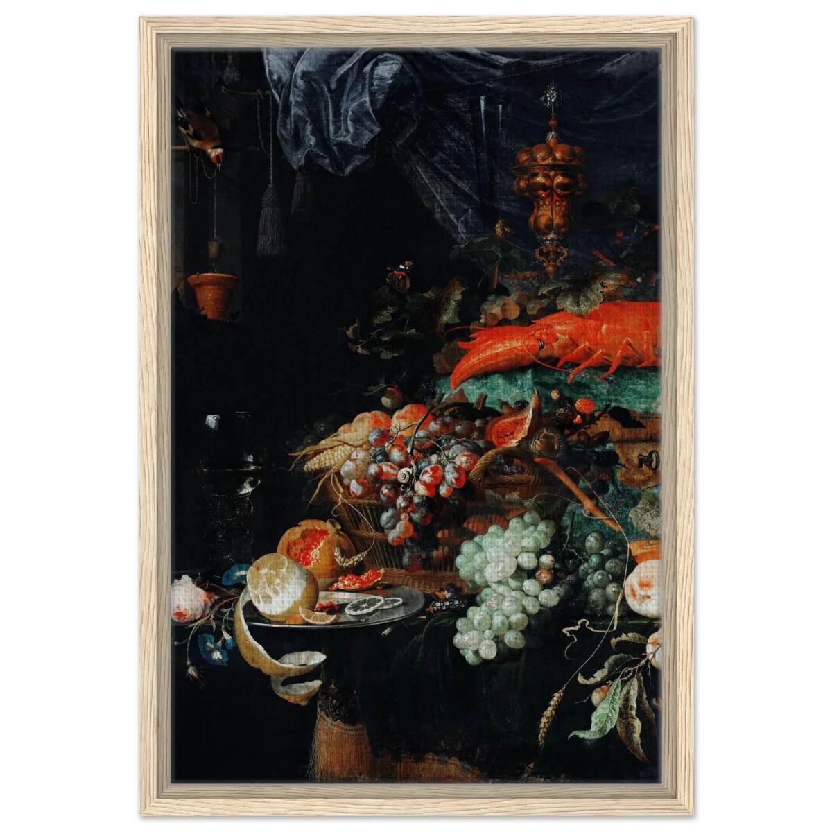 Fruits and Lobster by Abraham Mignon | Wall art Print - Framed Canvas - 40x60 cm / 16x24″ - Wood frame