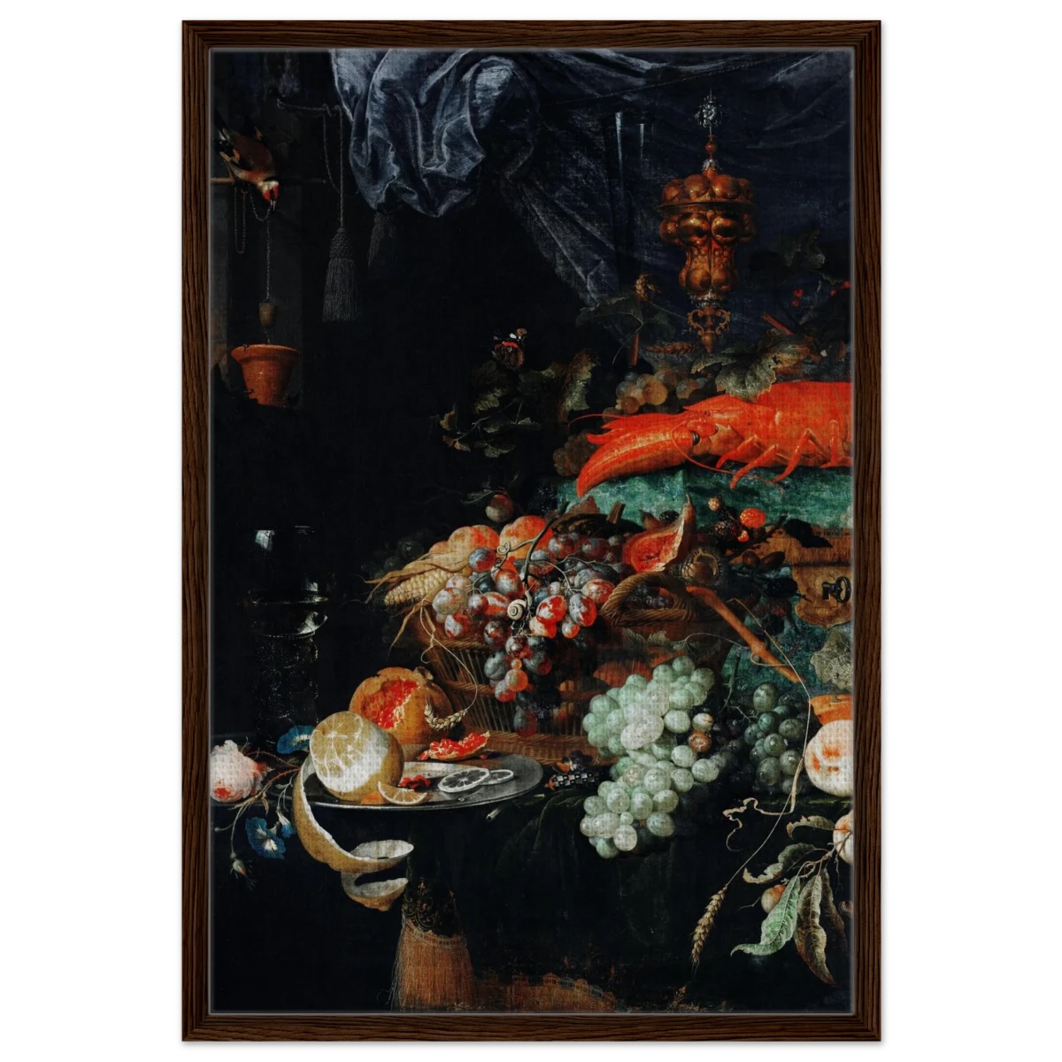 Fruits and Lobster by Abraham Mignon | Wall art Print - Framed Canvas - 60x90 cm / 24x36″ - Dark wood frame