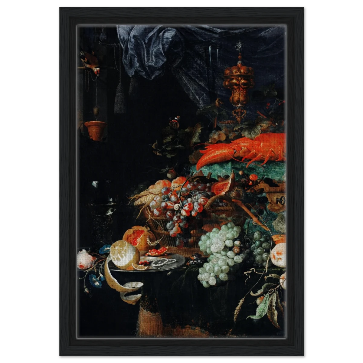 Fruits and Lobster by Abraham Mignon | Wall art Print - Framed Canvas - 30x45 cm / 12x18″ - Black frame