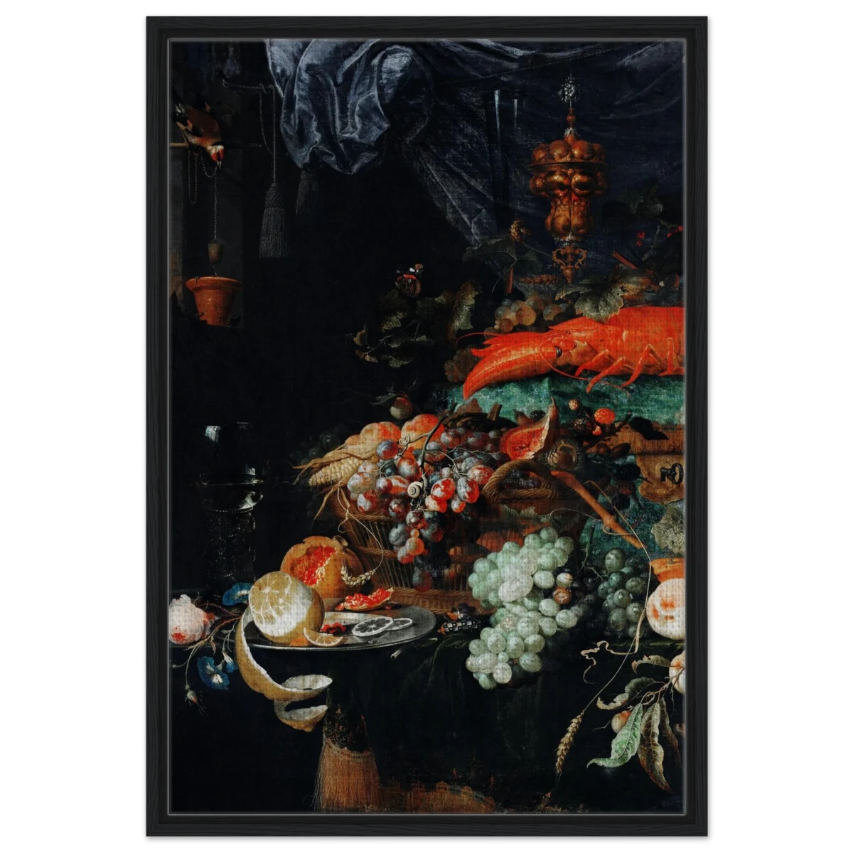 Fruits and Lobster by Abraham Mignon | Wall art Print - Framed Canvas - 60x90 cm / 24x36″ - Black frame