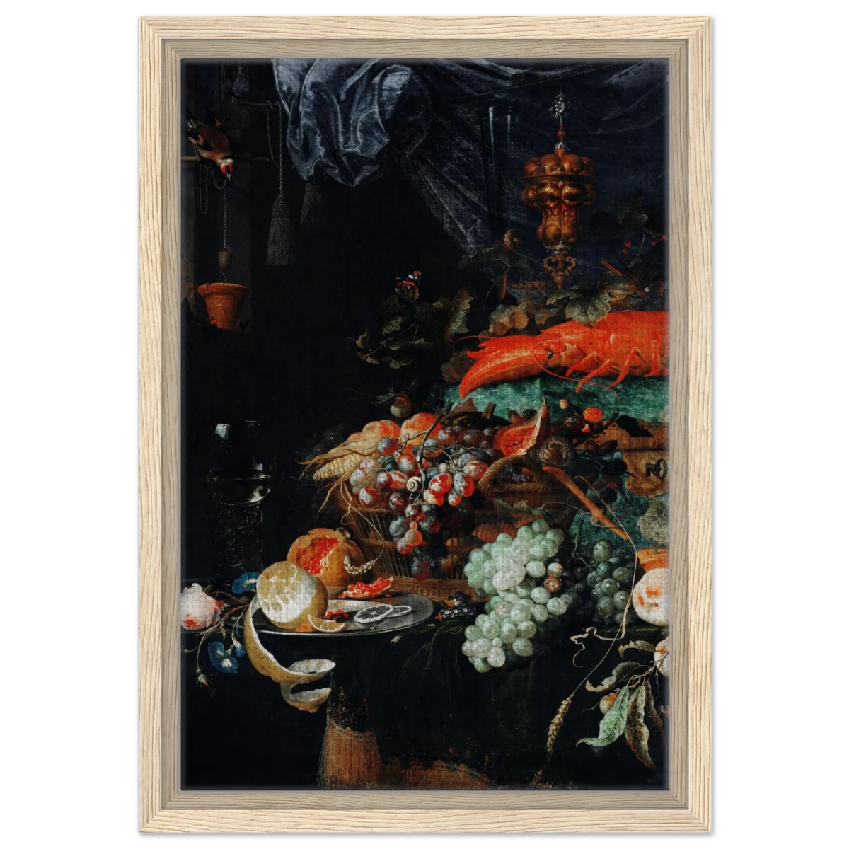 Fruits and Lobster by Abraham Mignon | Wall art Print - Framed Canvas - 30x45 cm / 12x18″ - Wood frame