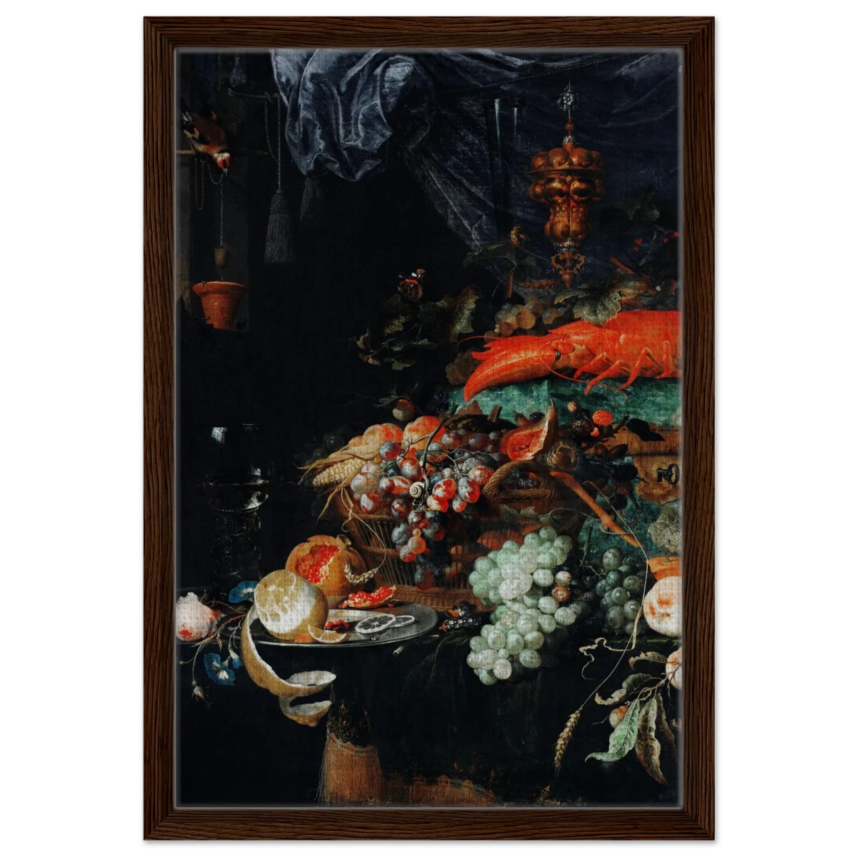 Fruits and Lobster by Abraham Mignon | Wall art Print - Framed Canvas - 40x60 cm / 16x24″ - Dark wood frame