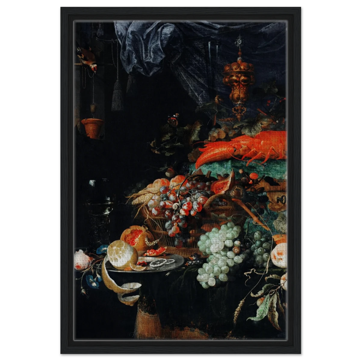 Fruits and Lobster by Abraham Mignon | Wall art Print - Framed Canvas - 40x60 cm / 16x24″ - Black frame