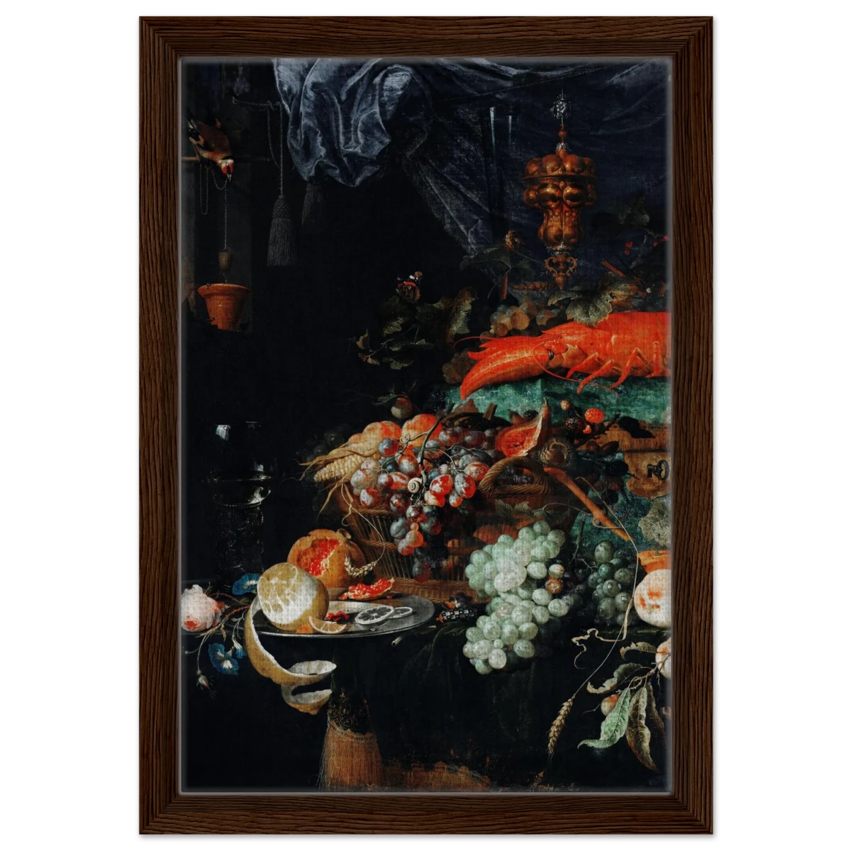 Fruits and Lobster by Abraham Mignon | Wall art Print - Framed Canvas - 30x45 cm / 12x18″ - Dark wood frame