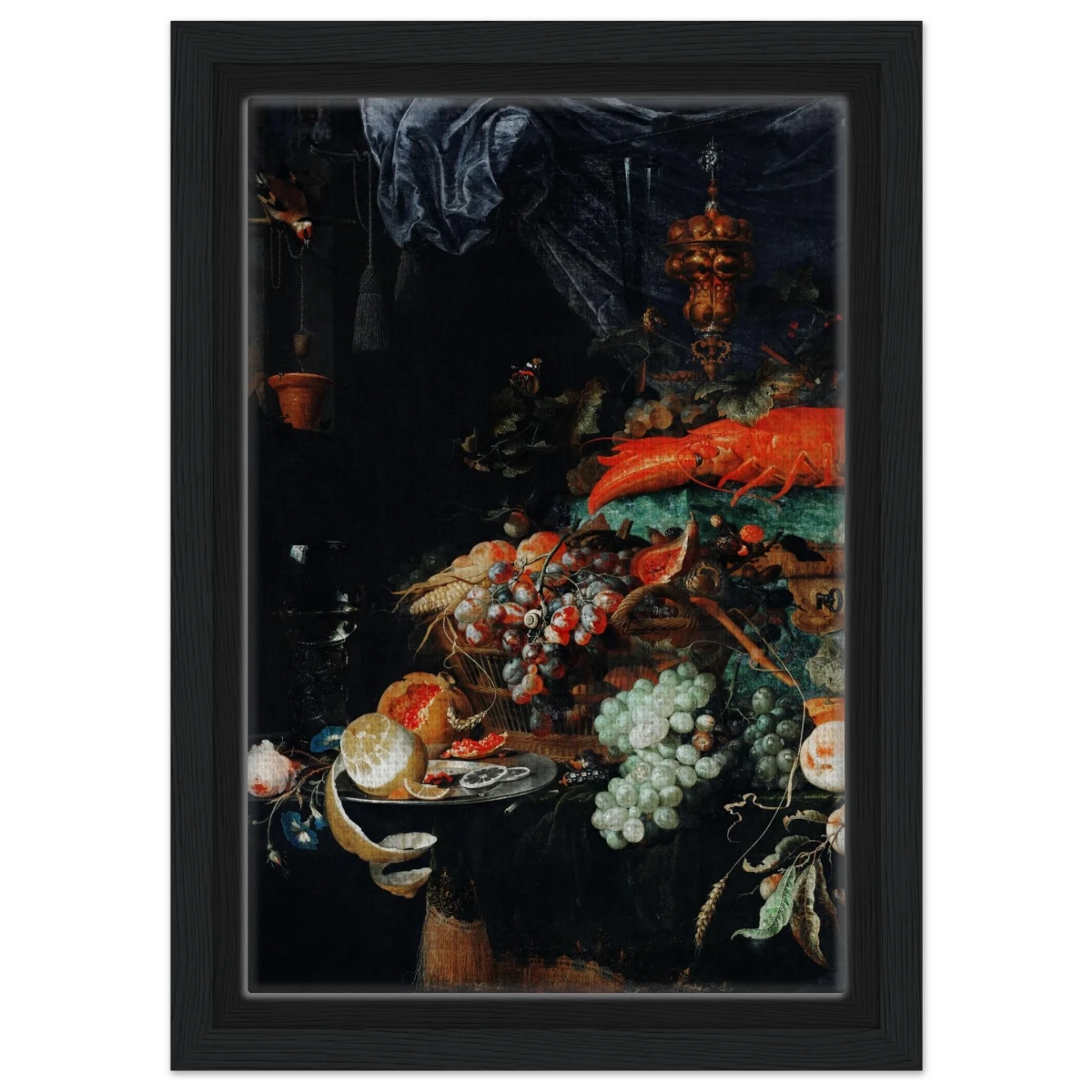 Fruits and Lobster by Abraham Mignon | Wall art Print - Framed Canvas - 20x30 cm / 8x12″ - Black frame